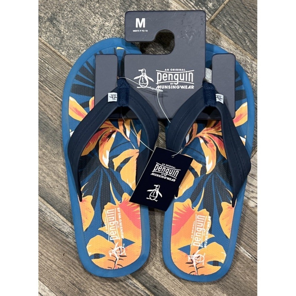 New Original Penguin Blue Orange Tropical Floral Men's Flip Flops Sandals M 9-10